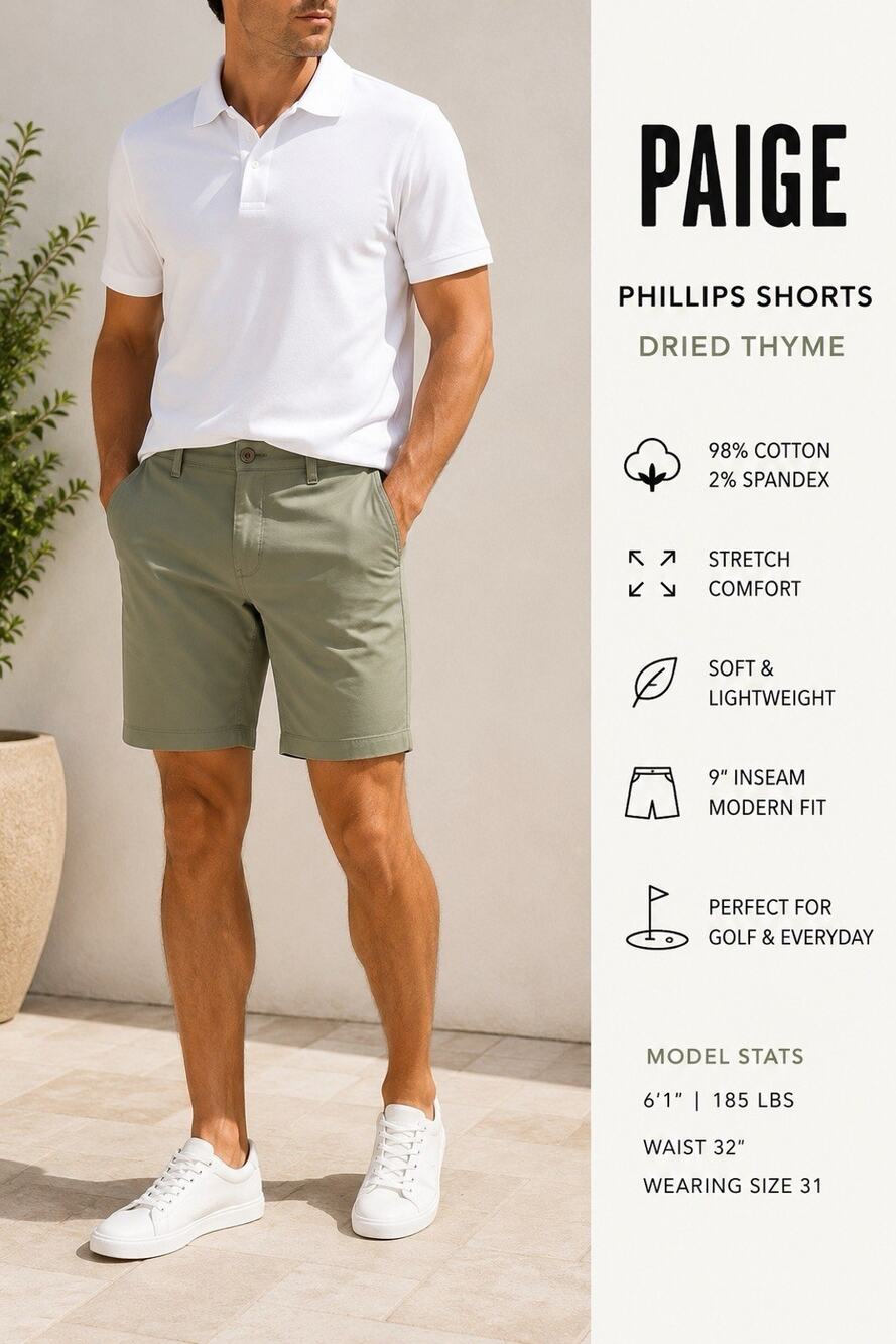 Paige Phillips Shorts Mens 31 Dried Thyme Flat Front Stretch Cotton Golf Chinos